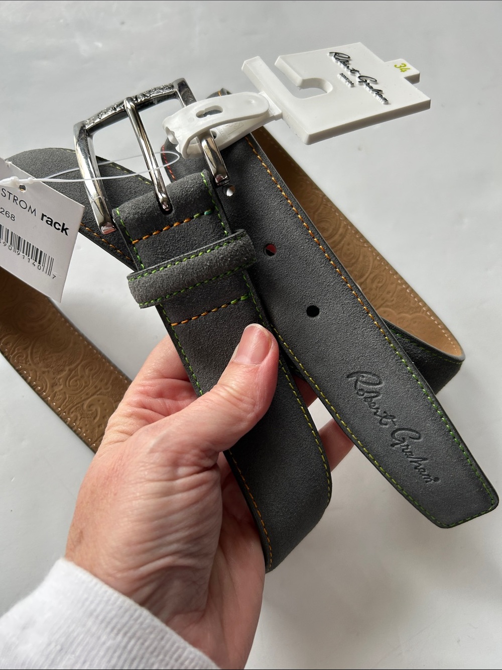 Robert Graham Gray Leather Suede Belt with Green & Orange Stitching sz 34 - Picture 2 of 8